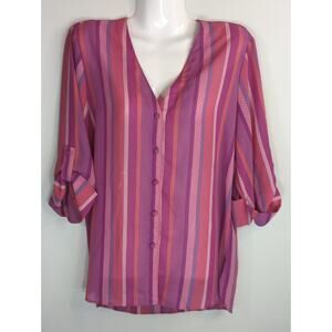 Loubella Purple Pink Stripe Button Blouse Womens 12 V-Neck Roll Tab Casual Shirt